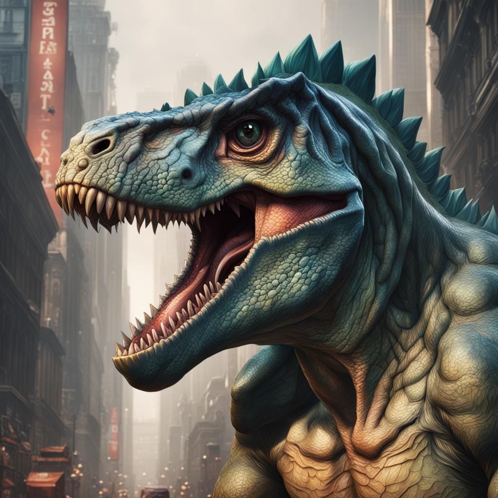Dinosaur Transformation Portrait in Hyperdetailed Concept Ar...