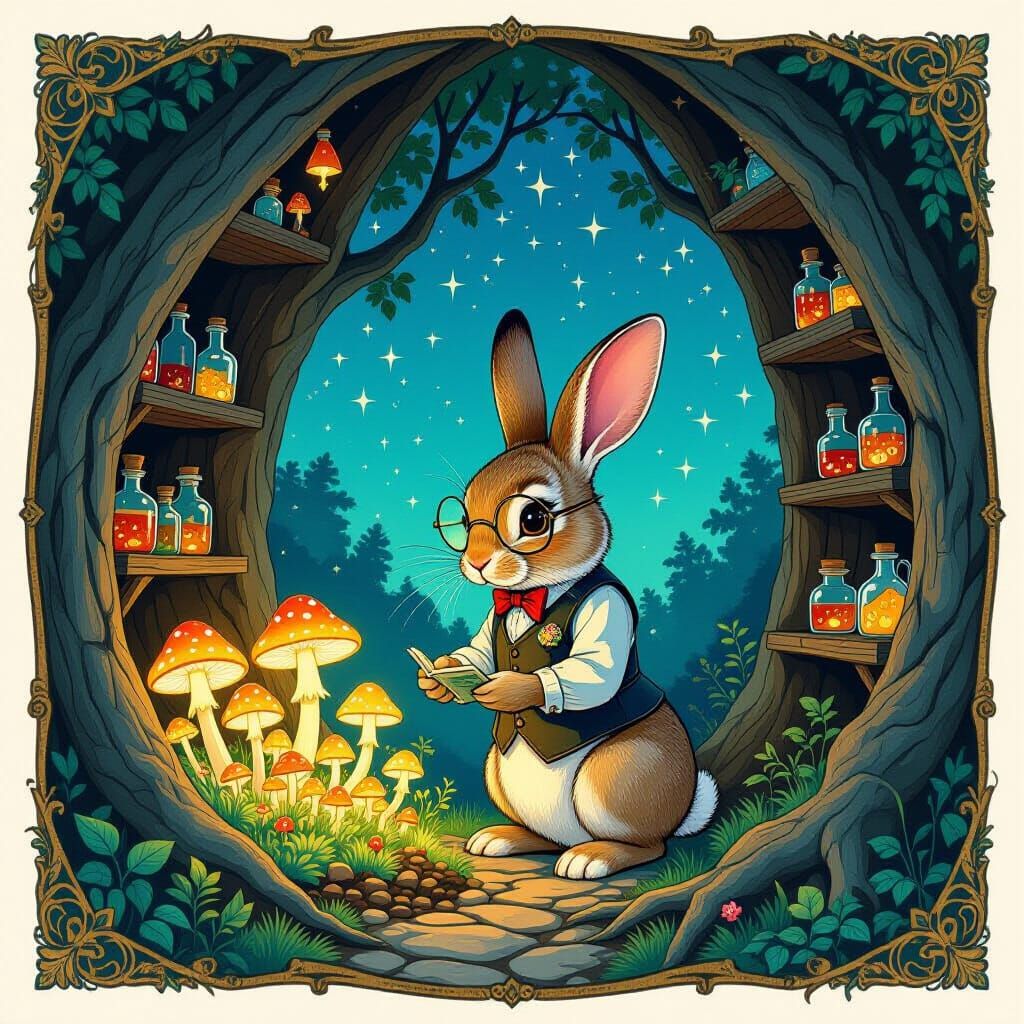 Whimsical Rabbit Tends Magical Mushroom Garden