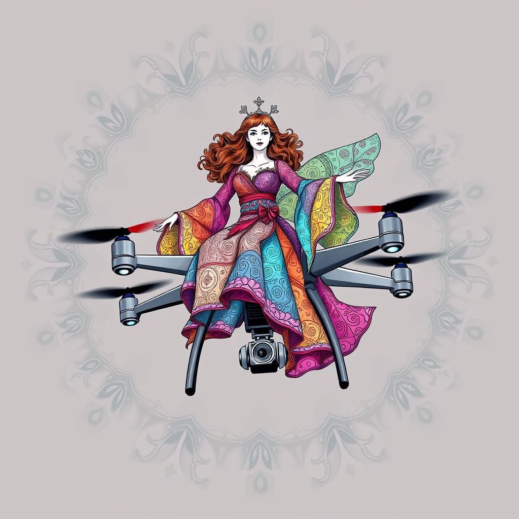 Whimsical Witch Flies a Drone in Zentangle Style