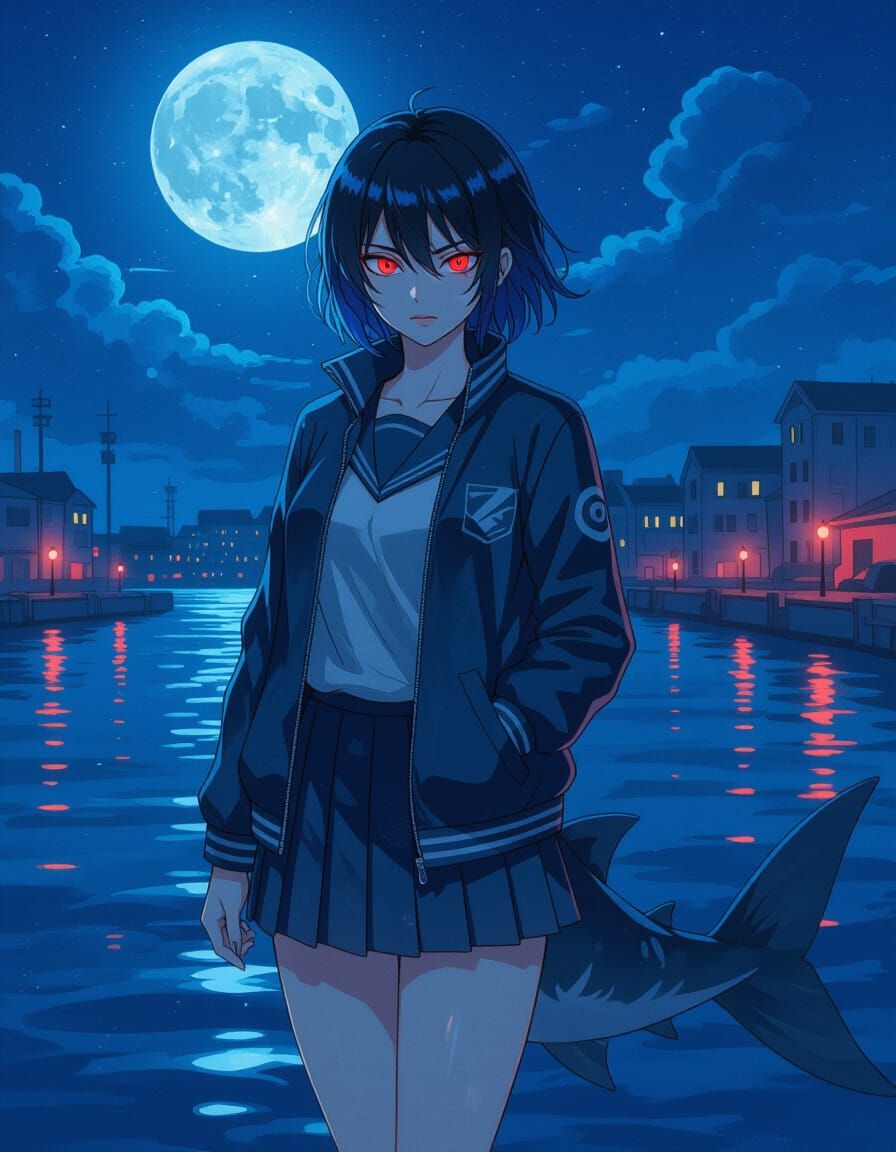 Anime Merfolk Warrior in Moonlit Ocean Port