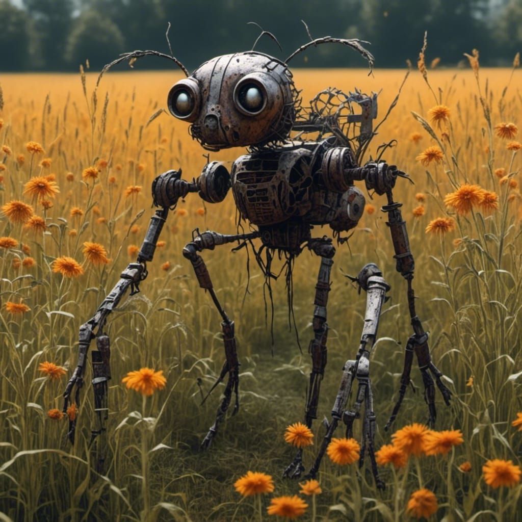 Rusty Killer Bug Robots in Farmhouse Field