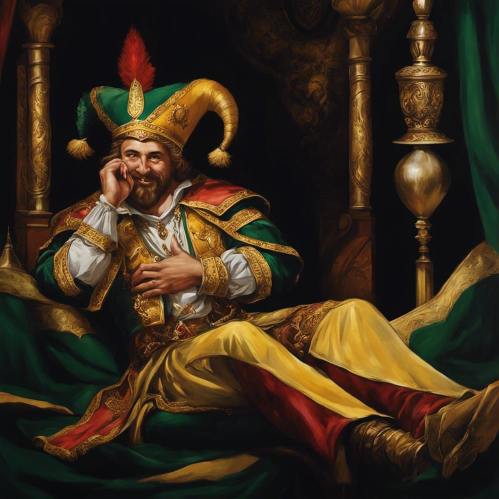 Medieval Jester on Throne: Detailed Oil Painting