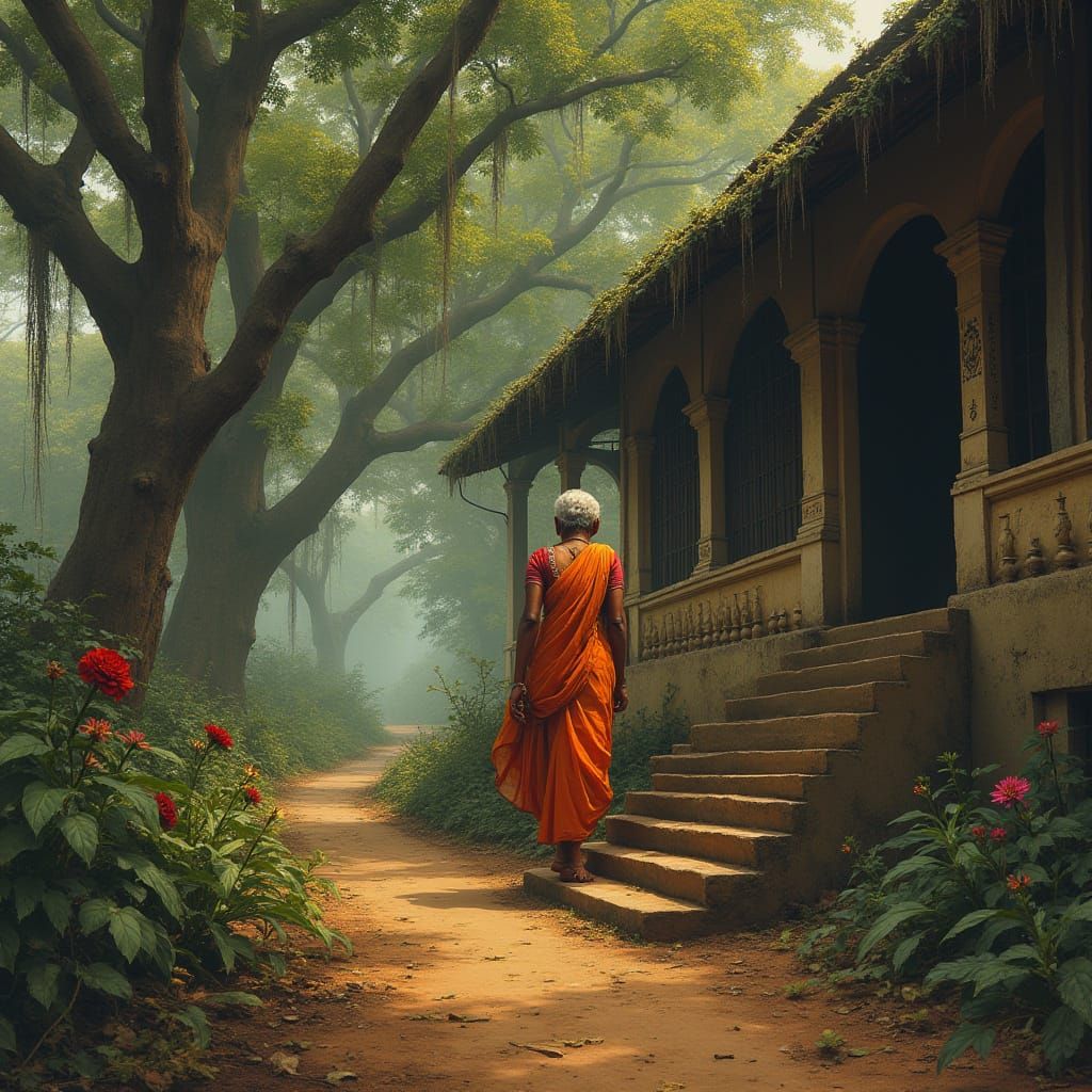 Aged Woman Climbs Stairs in Ancient Karaikudi Mansion