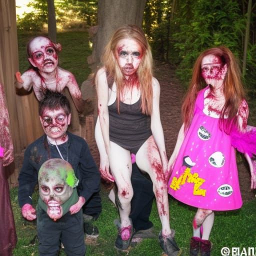Grotesque Zombie Birthday Party with Beautiful Girl