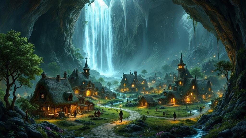 Enchanted Underground Elven Village with Bioluminescent Ligh...
