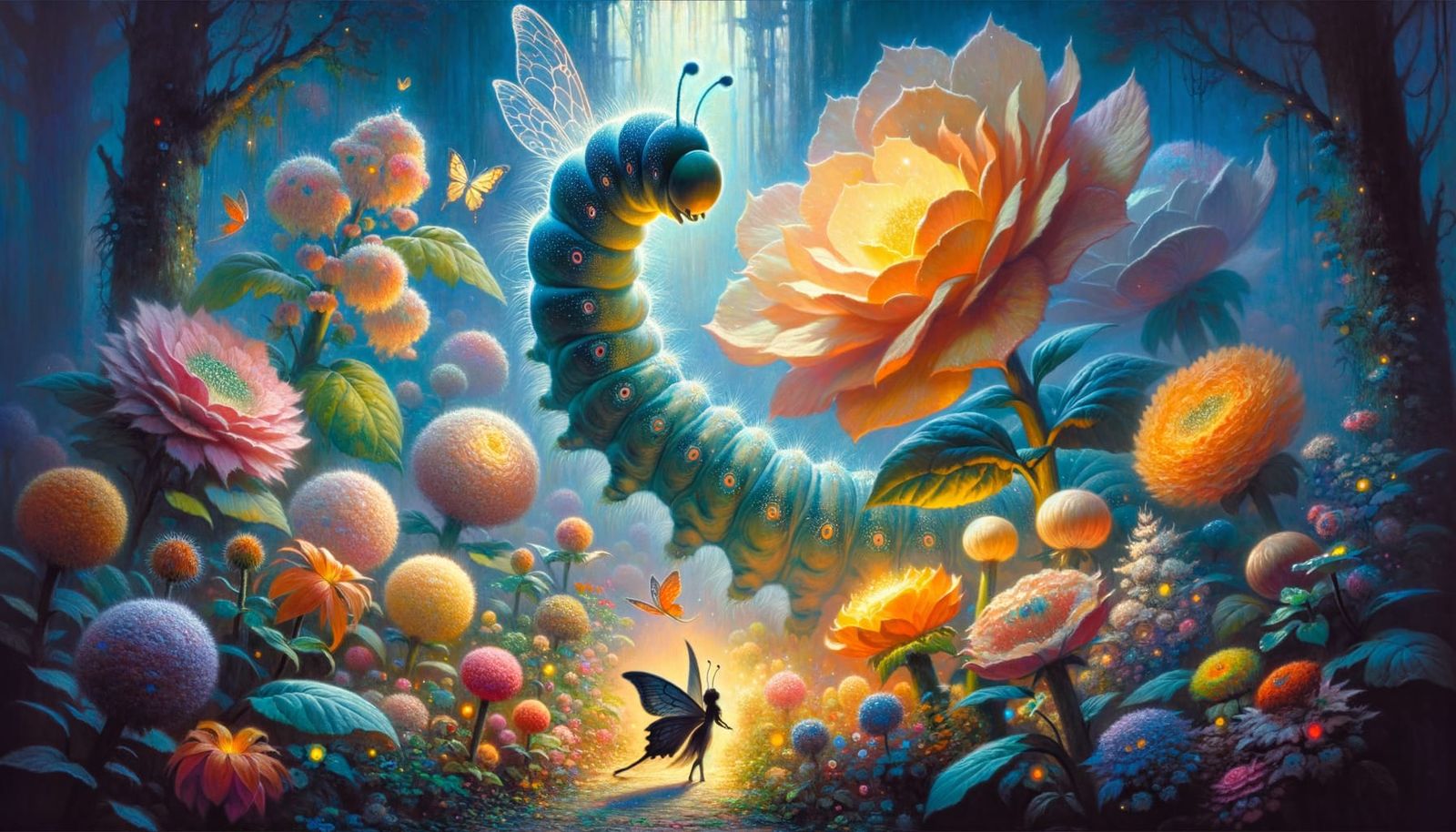 Enchanted Caterpillar Garden in Post-Impressionistic Style