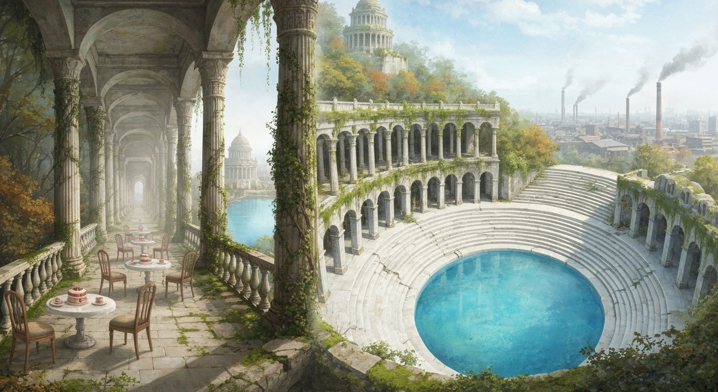 Tranquil Forest Cafe in Abandoned Temple Overlooking City