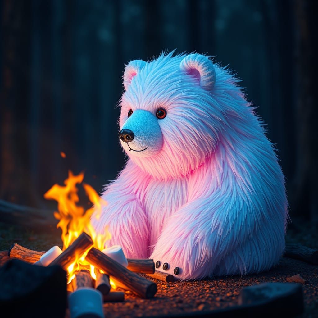 Regal Marshmallow-Bear Hybrid Beside a Roaring Campfire