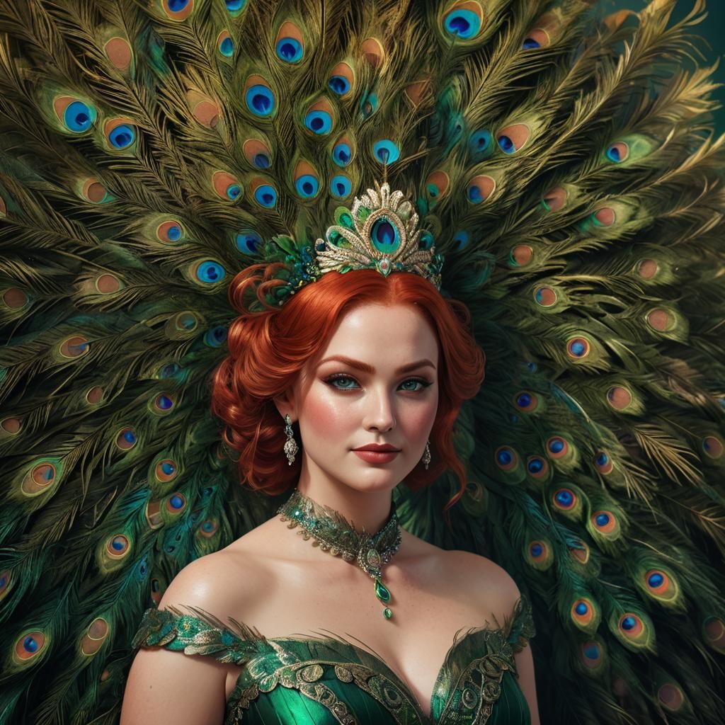 Beautiful Woman with Red Hair and Peacock Feathers