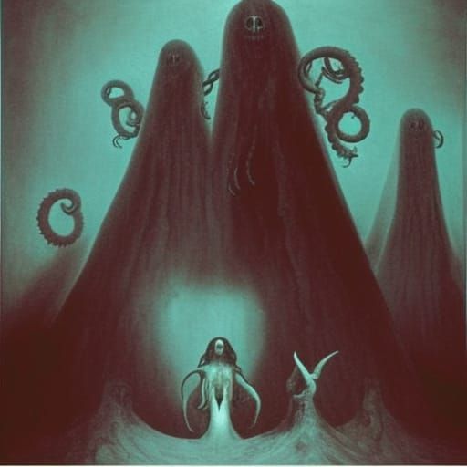 Cthulhu Cultists Summoning Ghosts in Dark Art Style