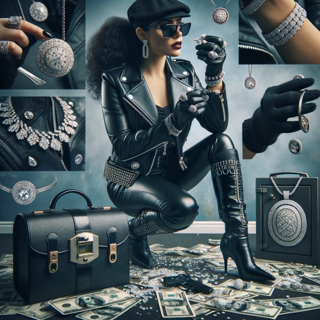 Female Biker Diamond Heist in Leather Outfit