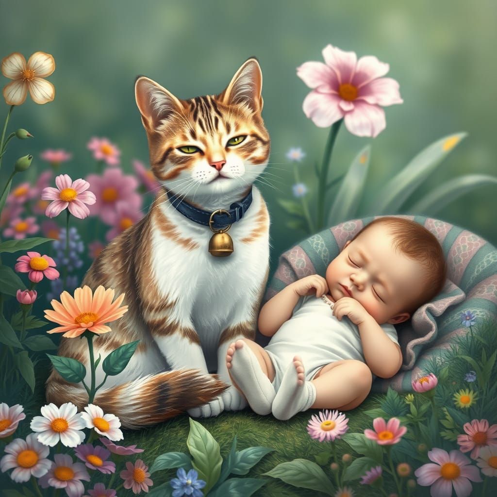 Cat and Baby in Whimsical Garden