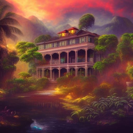 Vibrant Steampunk Jungle Estate Under Sunset