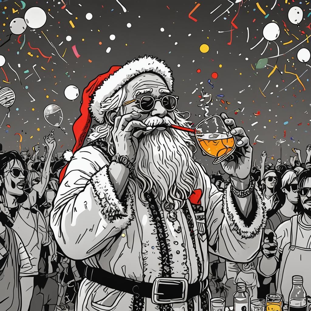 Santa Claus at Music Festival in Basquiat Ink Style