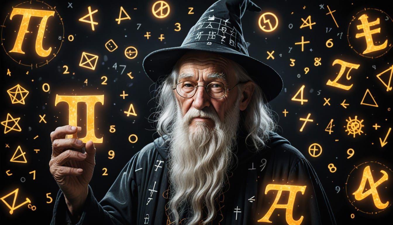 Elder Wizard Amidst Radiant Mathematical Symbols