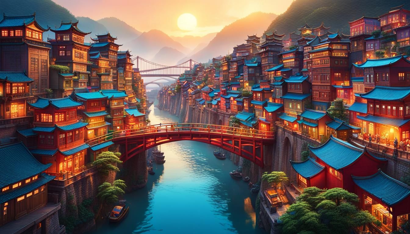 Vibrant City on Yangtze River, Fauvist Concept Art