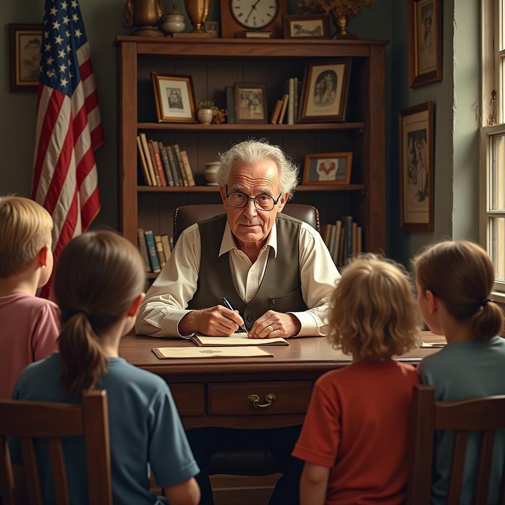 Patriotic Family Man Shares Childhood Tales in a Cozy Study