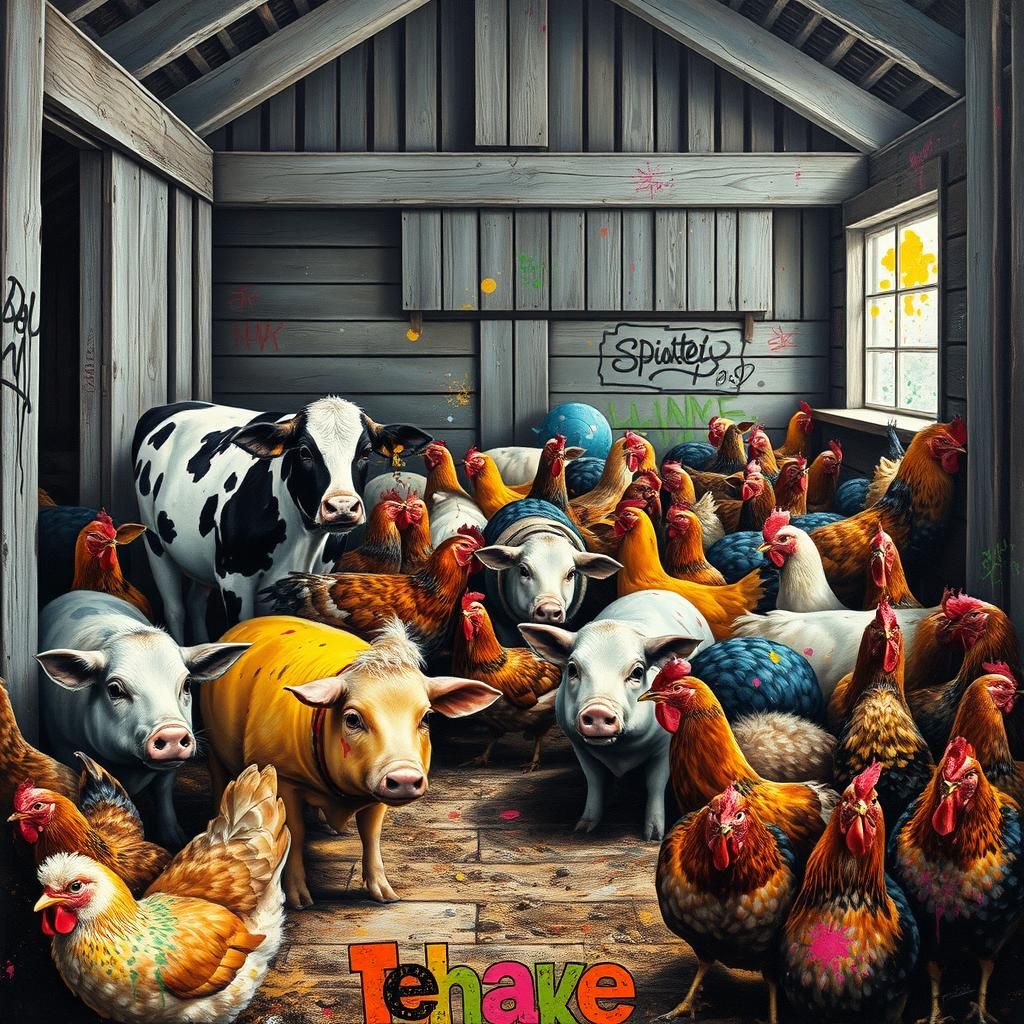 Rustic Barn with Livestock in Graffiti Art Style