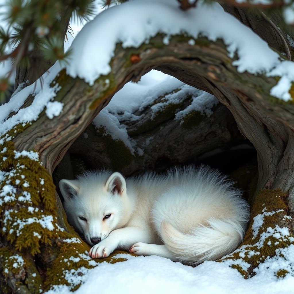 Baby Dire Wolf in Whimsical Winter Scene