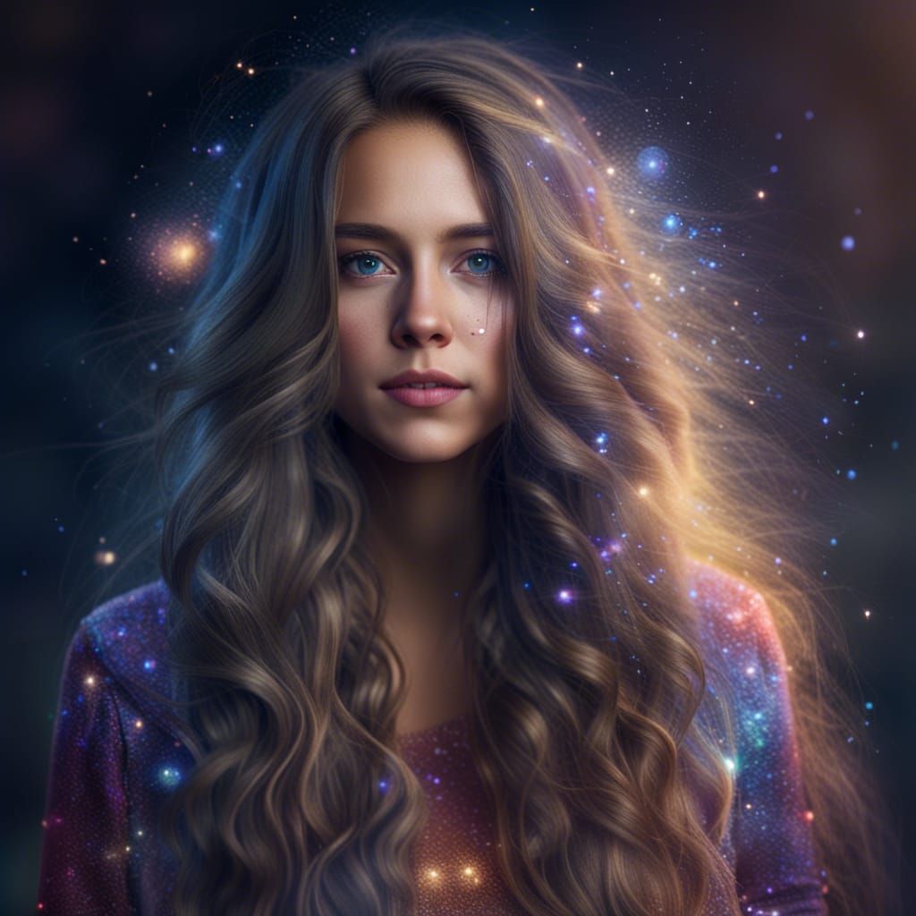 Cosmic Portrait of Woman with Long Curly Hair