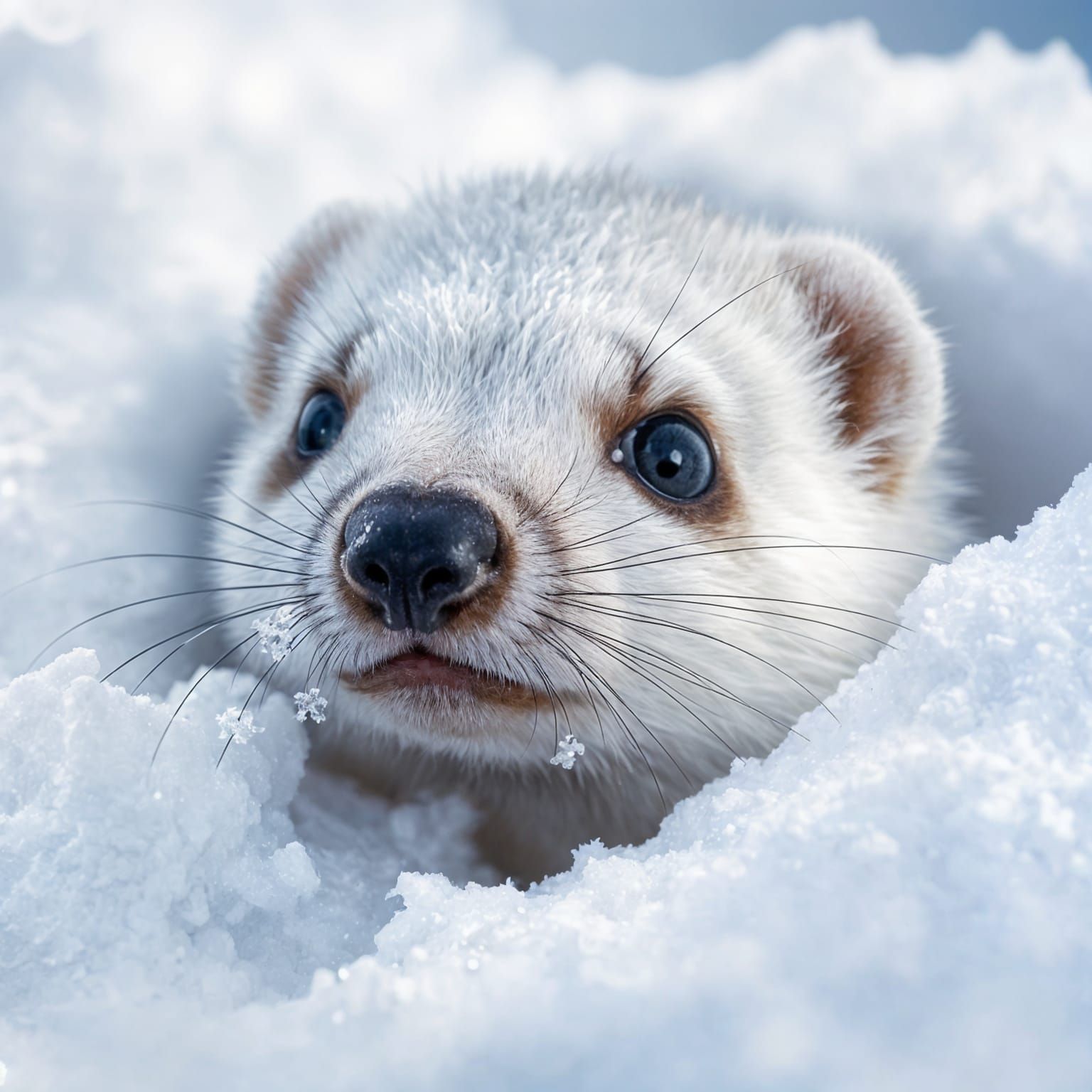 Tiny White Weasel in Snowy Wilderness