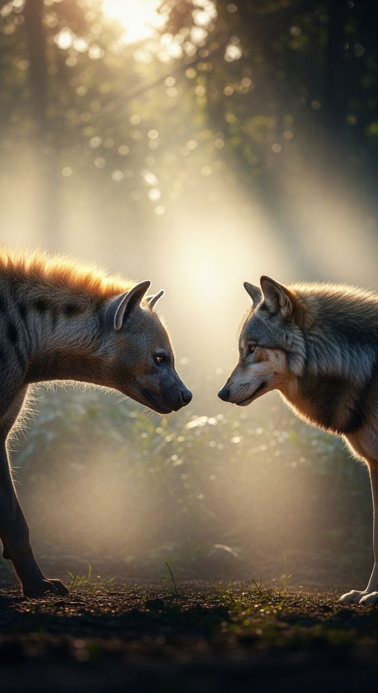 Hyena and Wolf Face-Off in Misty Jungle