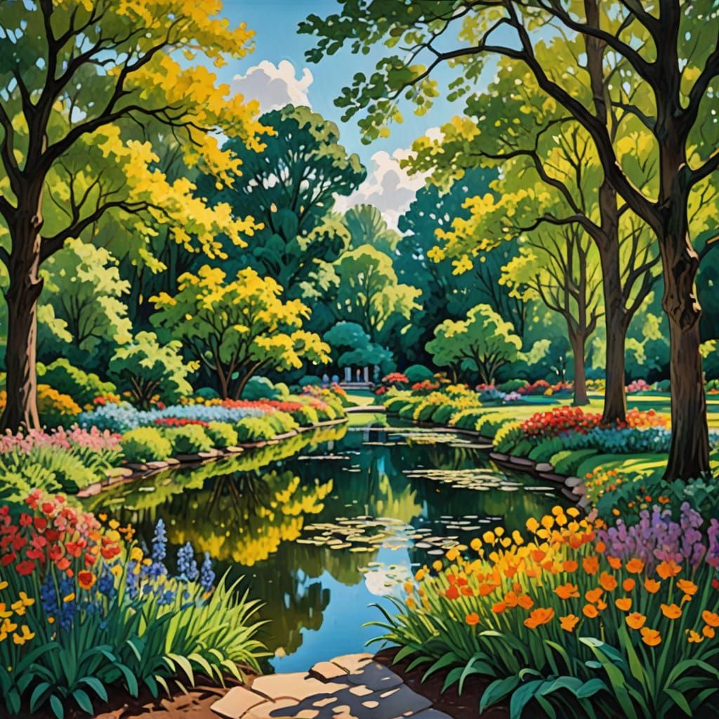 Dreamy Impressionist Park Scene with Vibrant Blooms