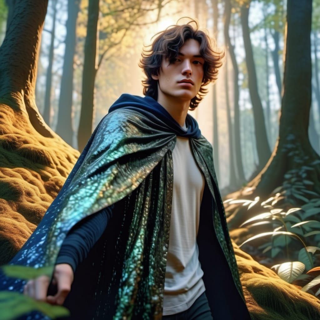 Young Mystic Walks Under Iridescent Cloak in Moonlit Forest