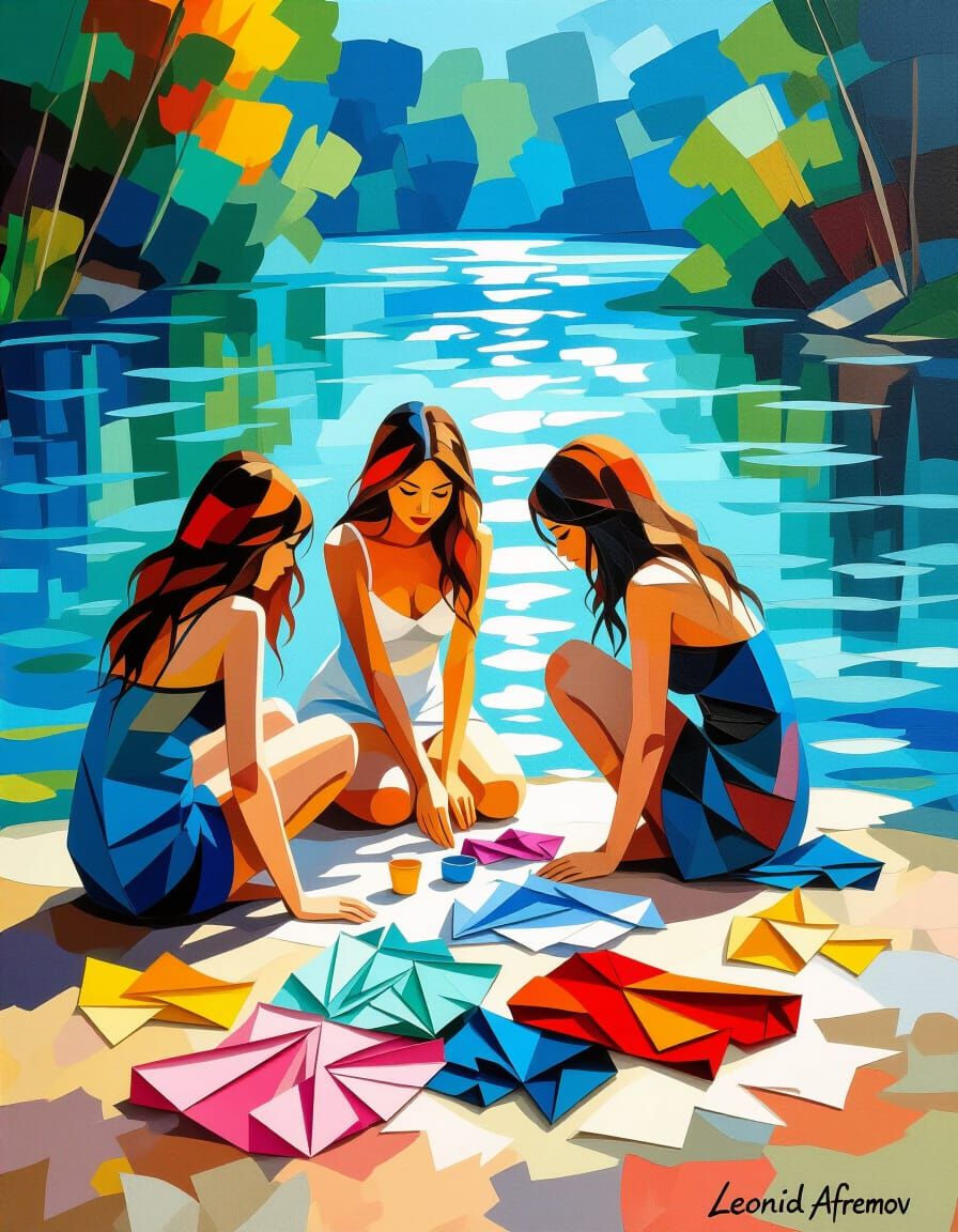 Bathing Girls by River: Impasto Quilling Painting