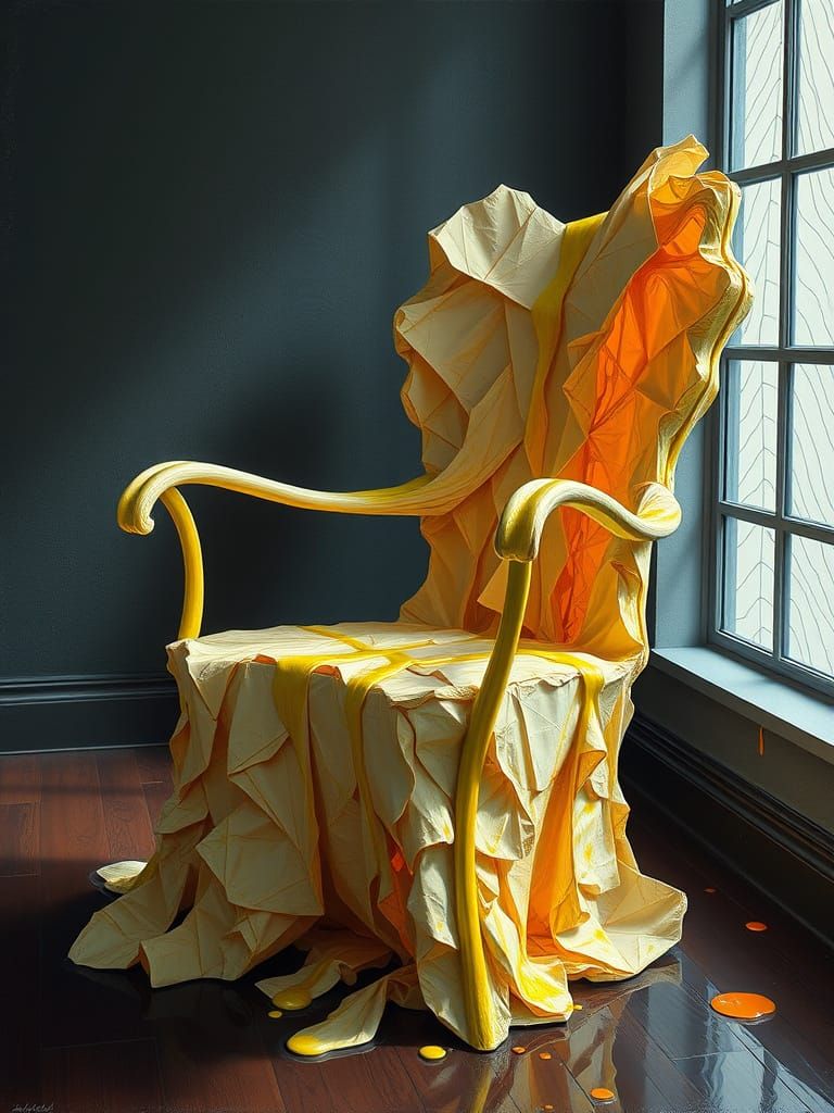 Surreal Paper Chair Covered in Melting Oil Paint