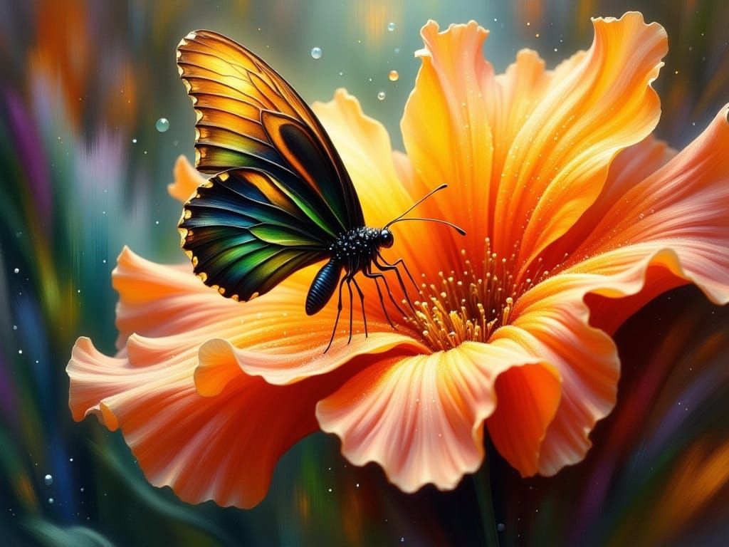 Realistic Impasto Oil Painting of Orange Iris Flower with De...