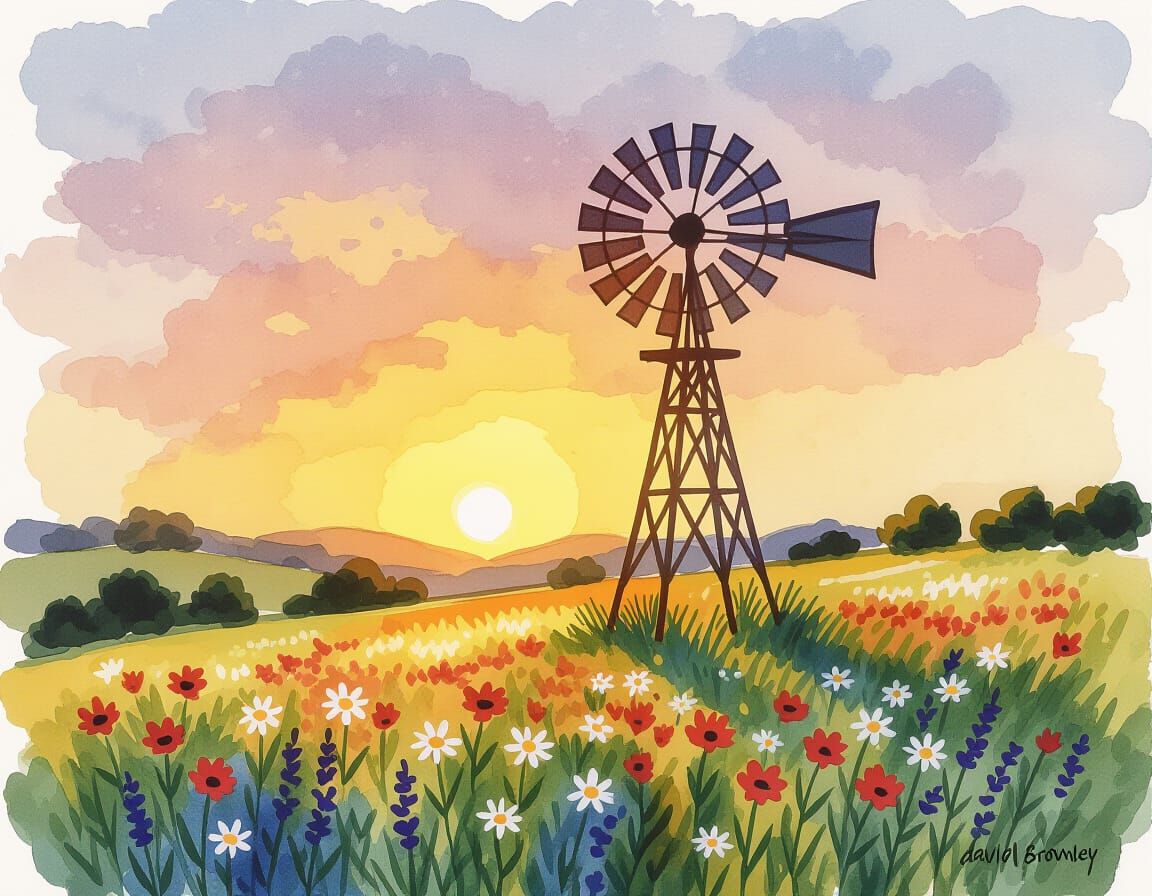 Sunset Windmill on Wildflower Hill: Watercolor Style