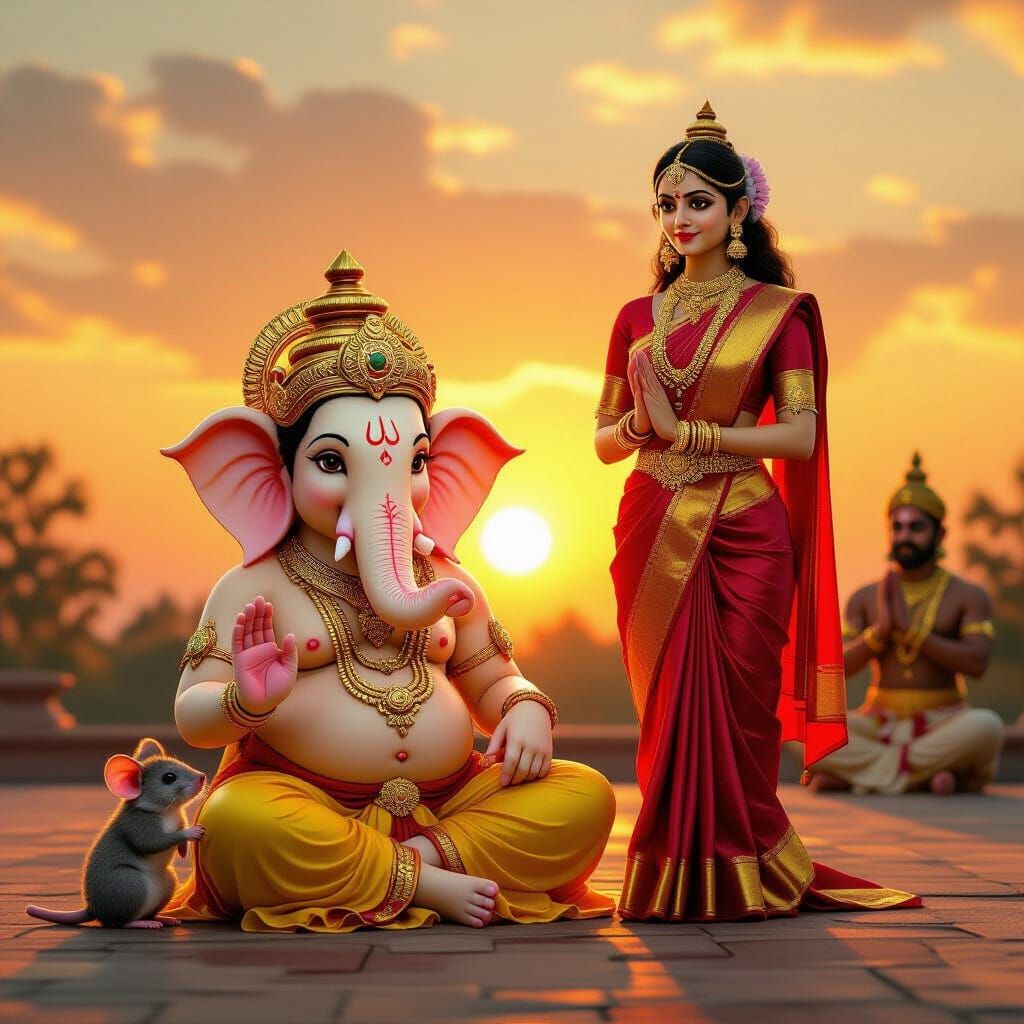 Childlike Ganesha with Parvati and Kubera