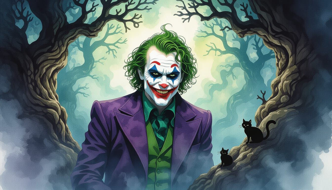 Joker as Trickster Spirit in Dark Fantasy Watercolor