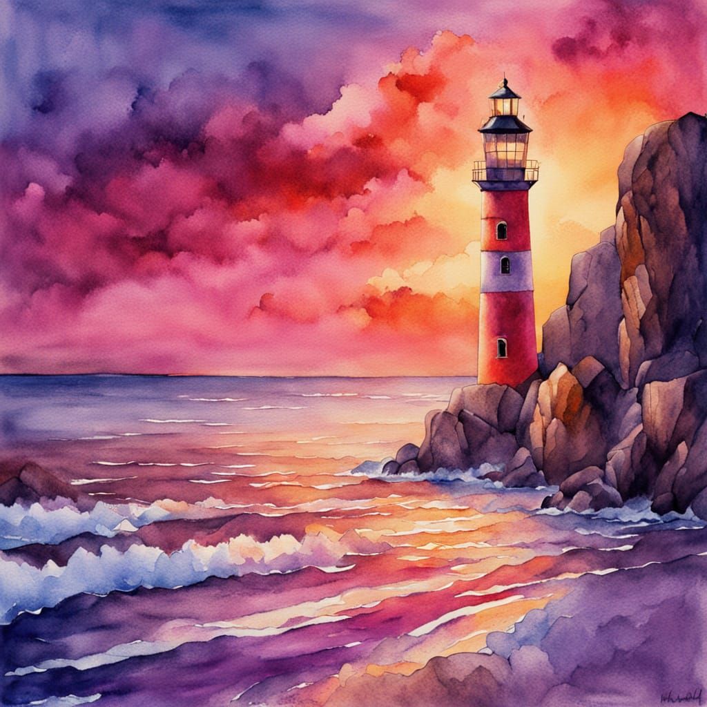 Lighthouse at Sunset in Watercolor Style