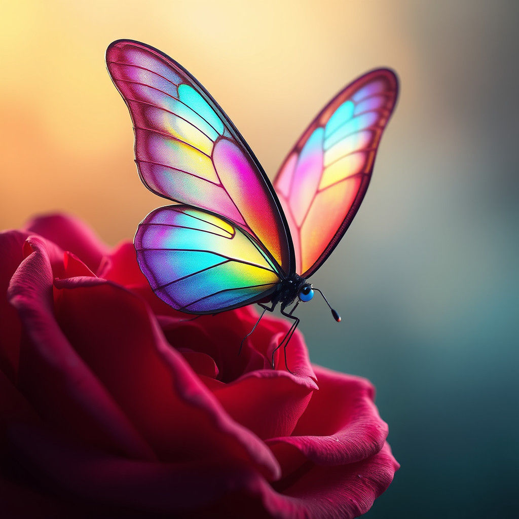 Iridescent Butterfly on Red Rose, Digital Art