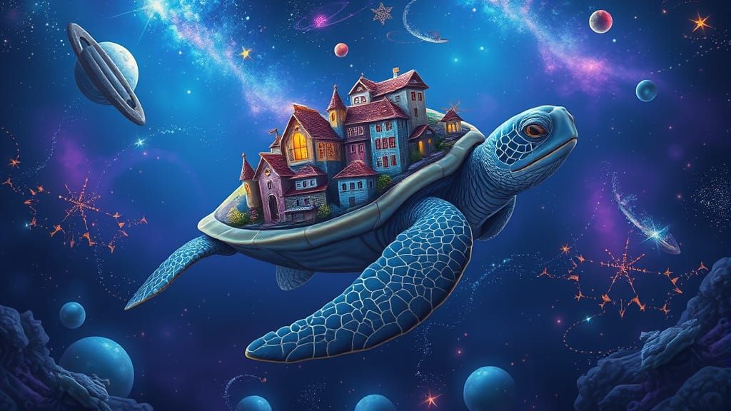 Celestial Turtle with Glowing Houses in Cosmic Ocean