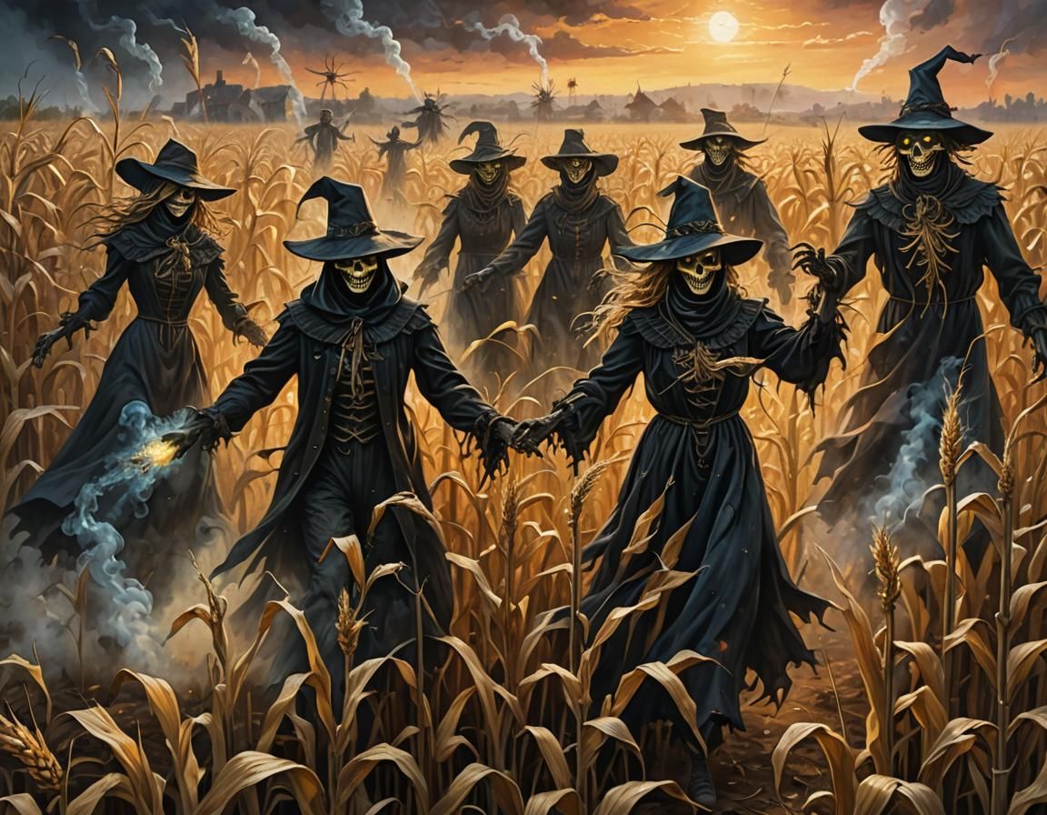 Eerie Specters in Cornfield, Dark Fantasy Illustration
