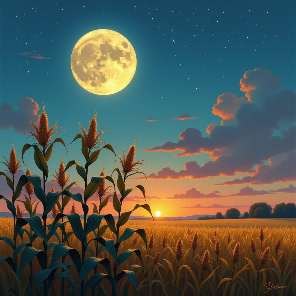Full Moon Over Cornfield in Ethereal Glow
