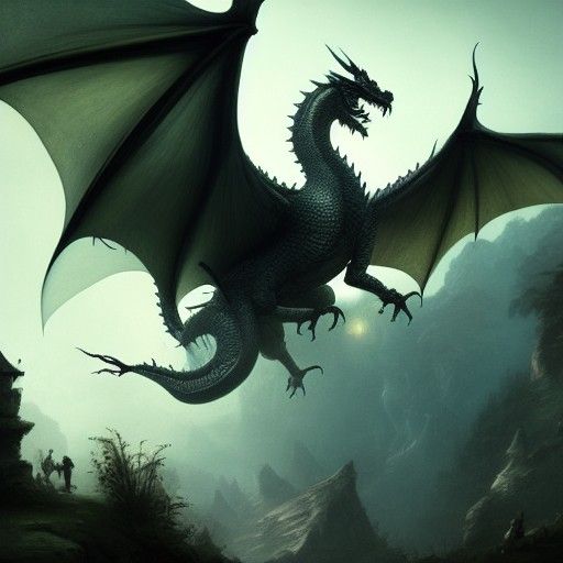 Dragon Flying to Village in Dark Fantasy Style