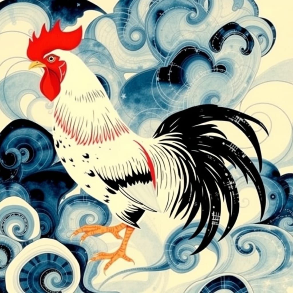 Rooster in Swirling Suminagashi Ink Patterns