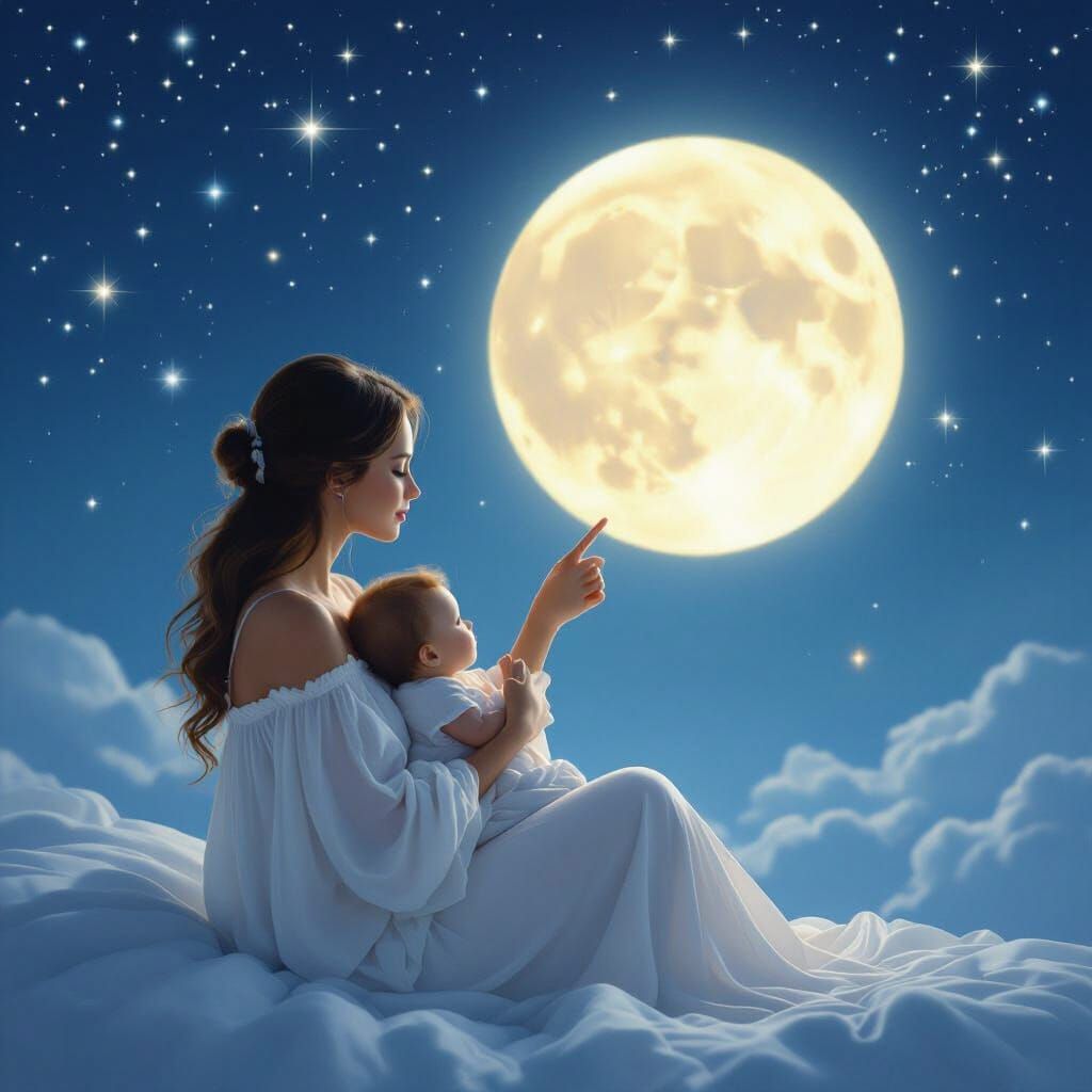 Mother and Child Gazing at Luminous Moon and Stars