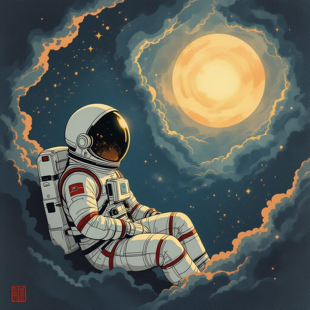 Astronaut Lost in Cosmic Nebula, Ukiyo-e Style