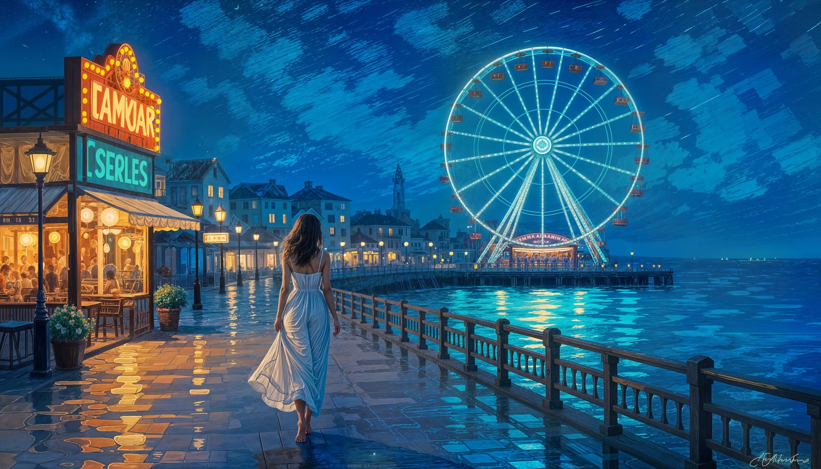 Magical Bioluminescent Summer Night Boardwalk Scene