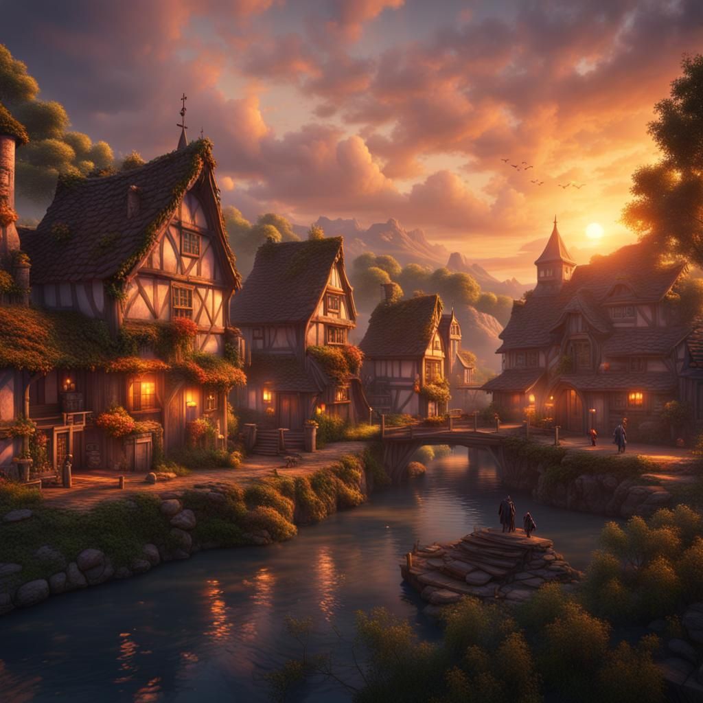 Village Sunset: Detailed Matte Painting in 8k