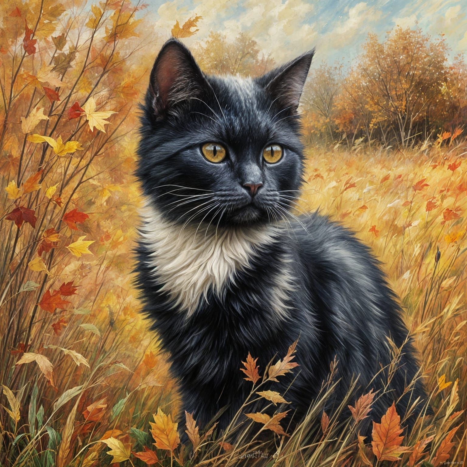 Cute Cat in Autumn Field: Abstract Impressionist Art