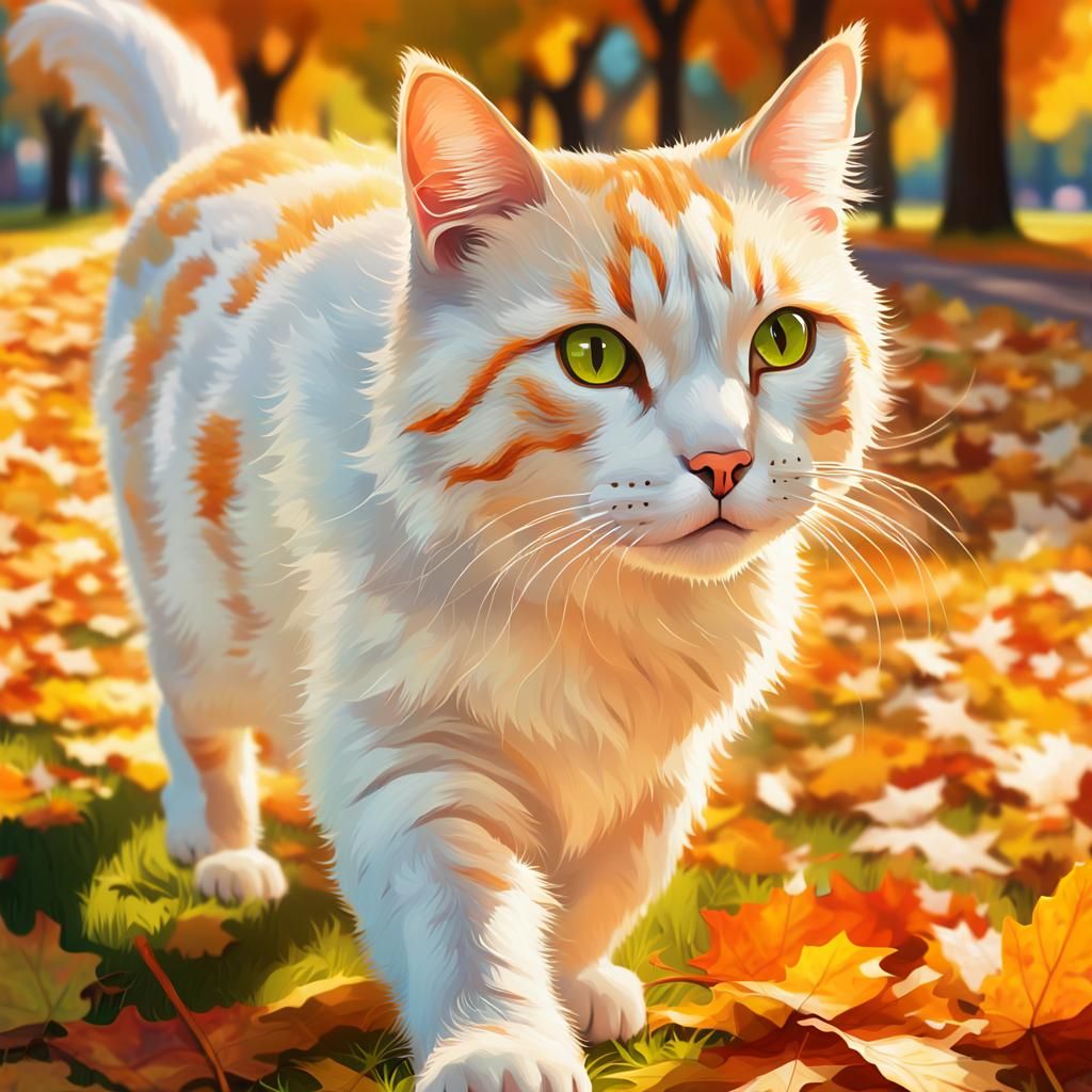 Autumn Cat Strolls Through Park in Splash Art