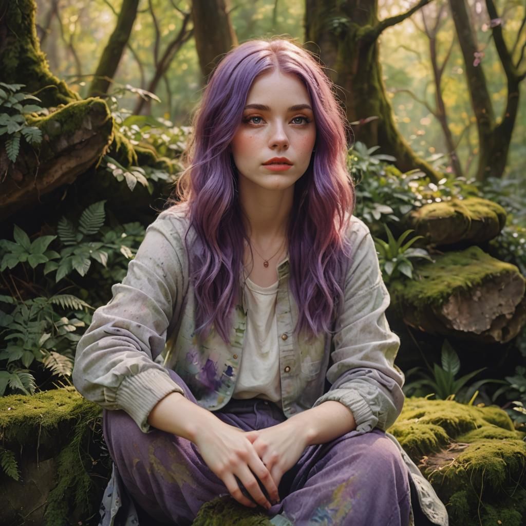 Violet-Haired Woman in Impressionist Portrait