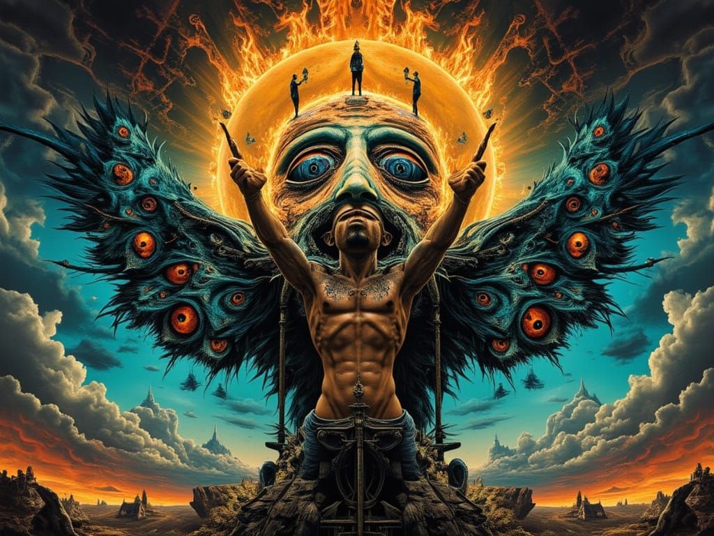 Man Mutation Peacock Devil with Flaming Wings Over Rainbow K...