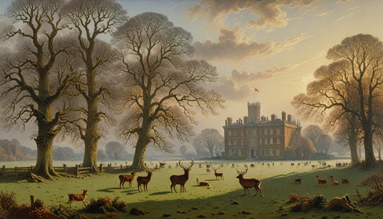 Majestic Stag on Stately Home Lawn in Winter Mist